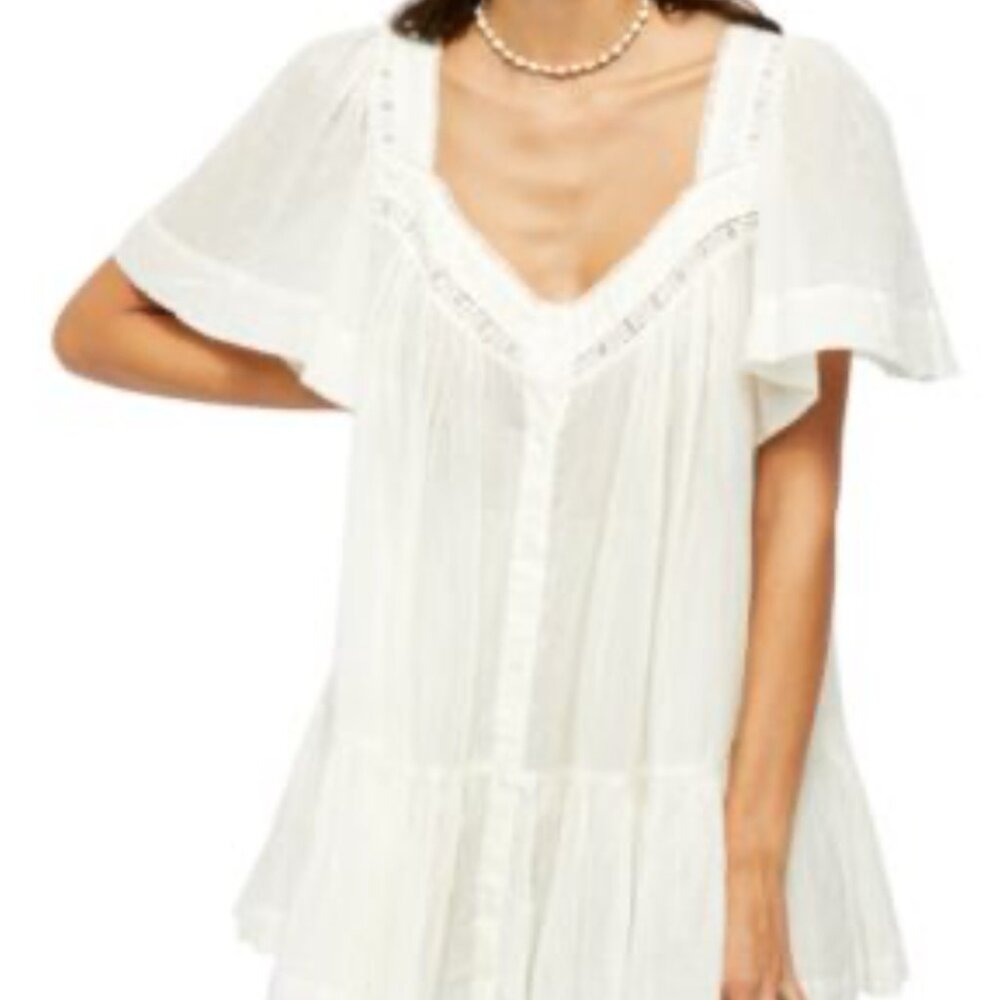 Vintage Y2K White Boho Babydoll Tunic Blouse – Flowy V-Neck Mini Dress